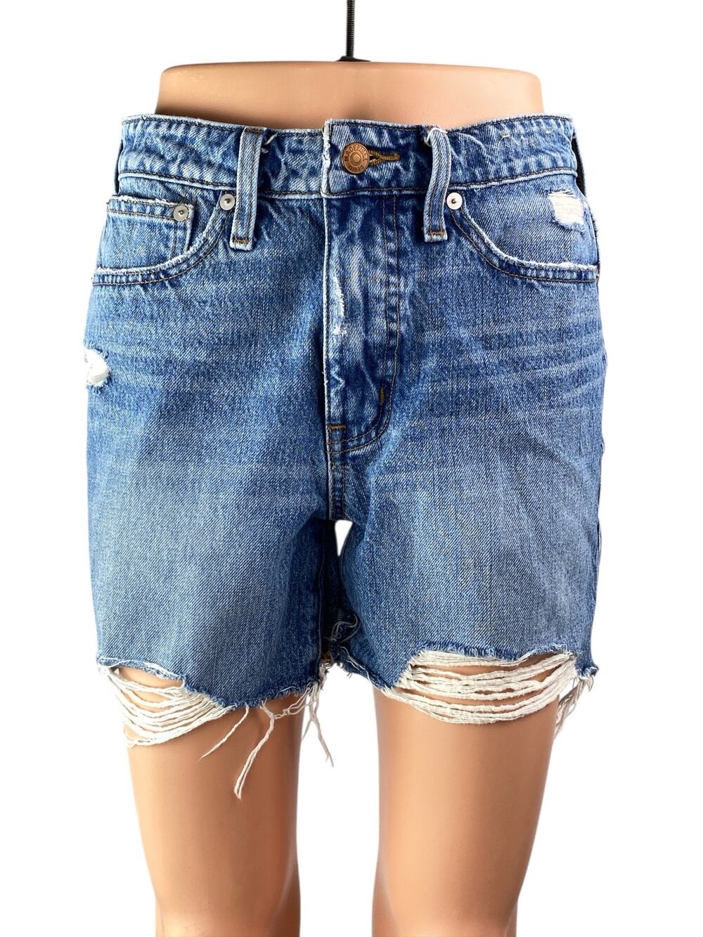 Madewell Women's Blue Distressed Mid Rise Frayed Raw Hem Cutoff Denim Shorts 24